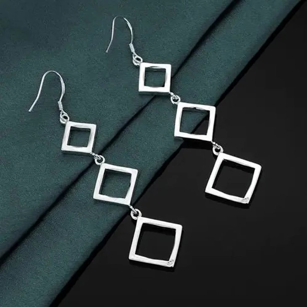 Gorgeous Hypoallergenic Hanging Squares 925 Sterling Silver 3 Inch Long Earrings - Picture 6 of 6